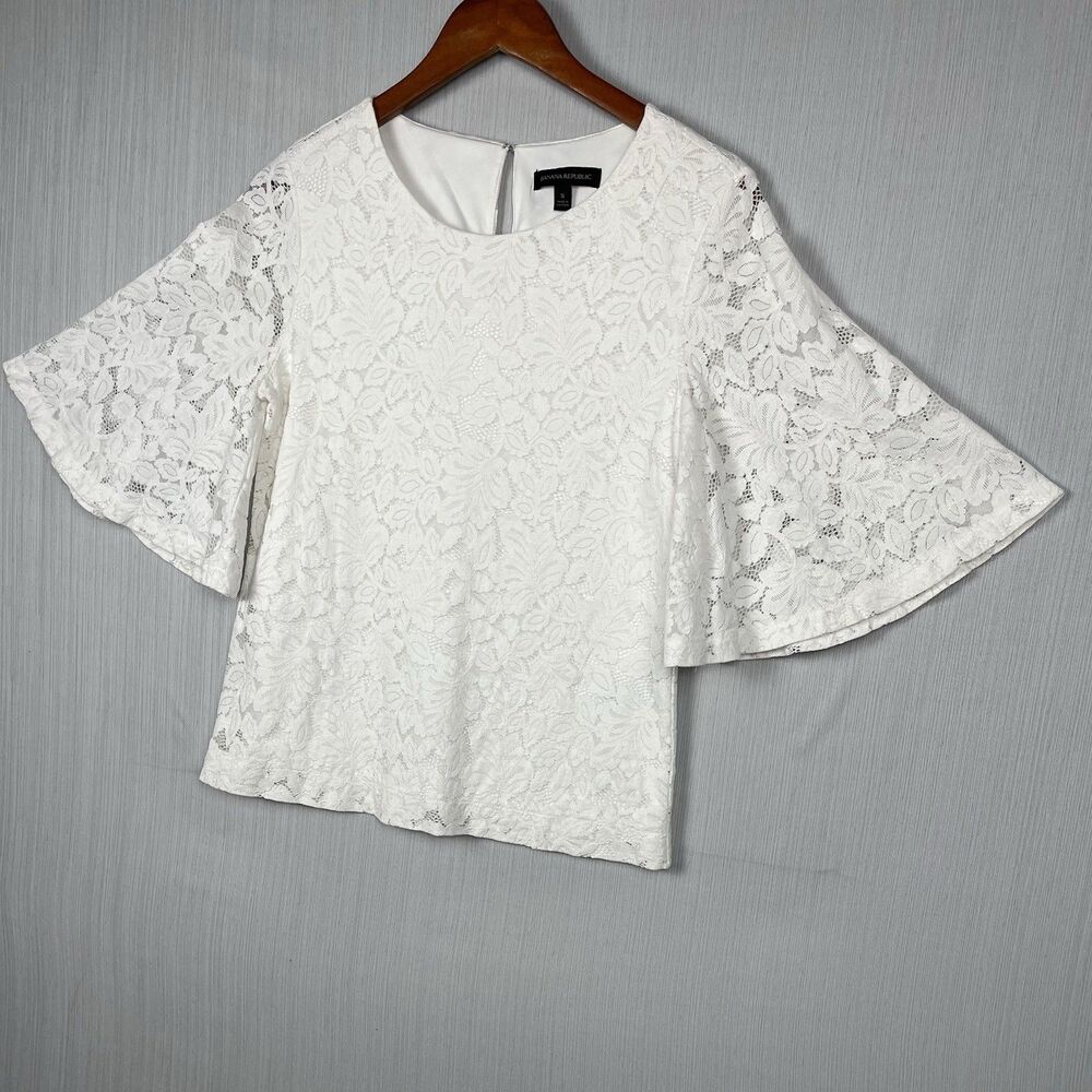 Banana Republic Lace Blouse Women S White‎ Bell Sleeve Fully Lined Romantic